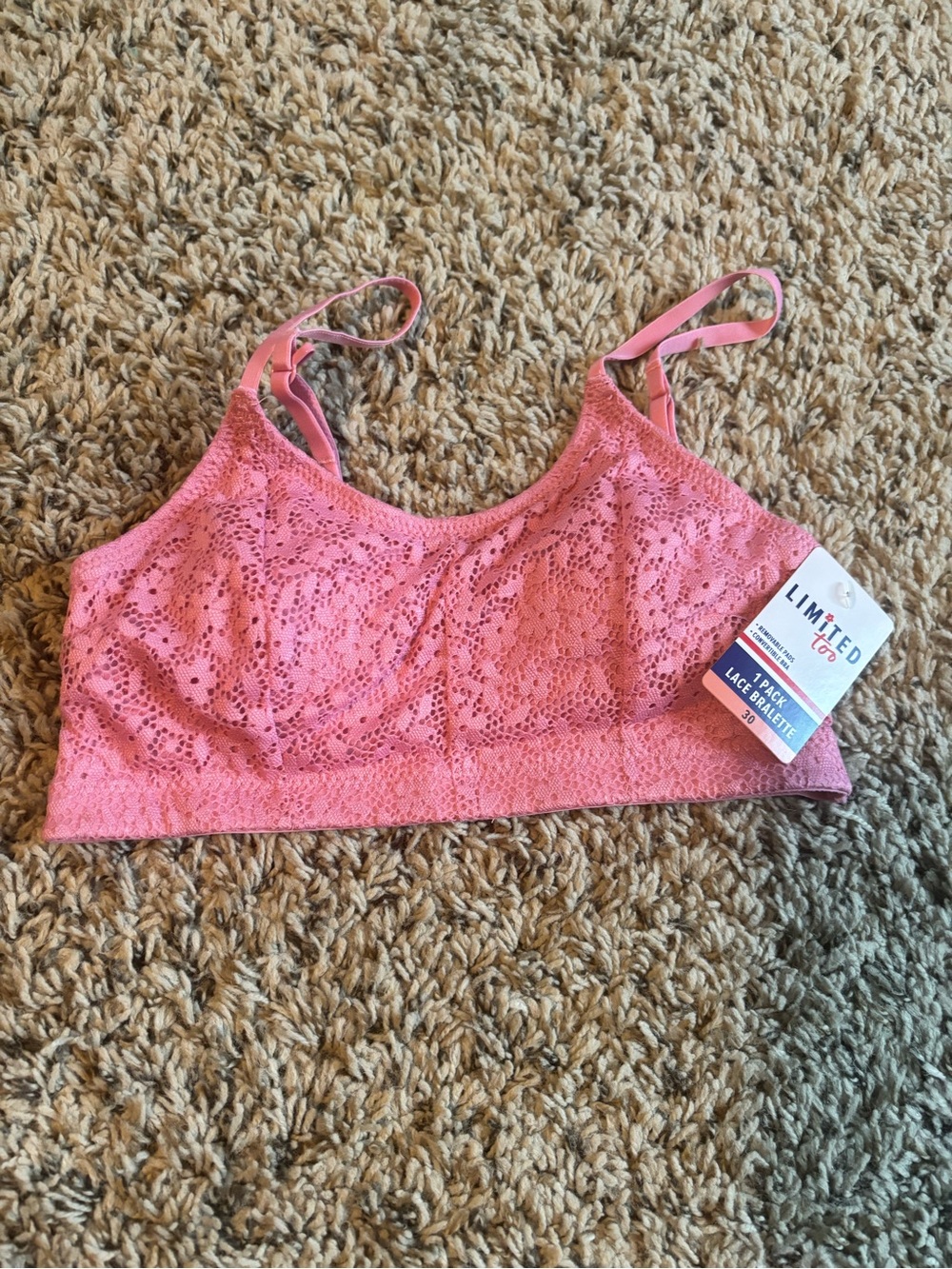 Limited Too Girls Pink Lace Bralette Size 30 Adjustable Straps NWT
